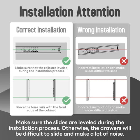 Push To Open Soft Close Drawer Slides No Sweat Easy Install 1 Pair 10 12 14 16 18 20 22 24 Inch Full Extension Ball Bearing Side Mount Kitchen Dresser Glide Black 100 LB Load Capacity installation guide showing level rail placement