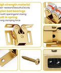 Gold Double Roller Cabinet Latch Set with spring catch, screws, and close-up details of nylon ball bearings and spring mechanism.