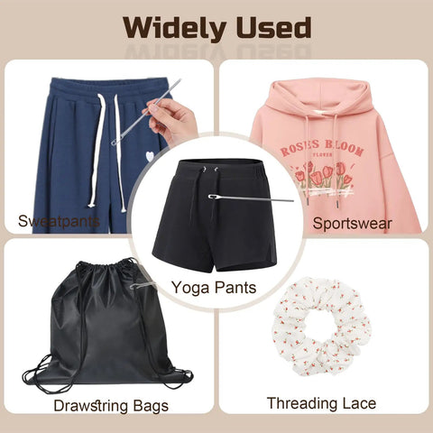 4 In 1 Drawstring Threader Tool Kit Stainless Steel Set With Spring Loaded Retriever And Safety Pins For Hoodies Shoes And Pants Replace Lost Drawstrings Easily Must Have in use on sweatpants, sportswear, yoga pants, drawstring bags, and threading lace.