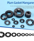 65Mn Steel Internal Tooth Star Lock Washers Set assorted on a blue backdrop, 351 Piece Assortment For M2 To M12, with size labels.