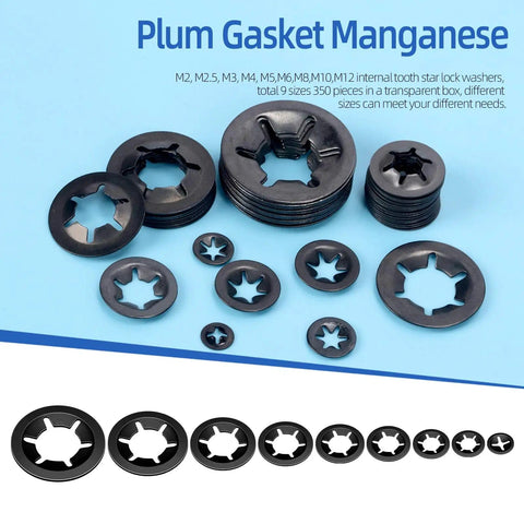 65Mn Steel Internal Tooth Star Lock Washers Set assorted on a blue backdrop, 351 Piece Assortment For M2 To M12, with size labels.