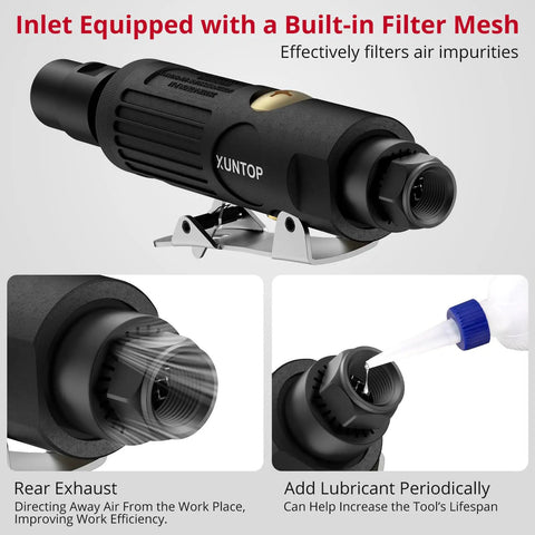 Heavy Duty 25000Rpm Straight Air Die Grinder Featuring Rear Exhaust Design showing filter mesh inlet and lubrication points.
