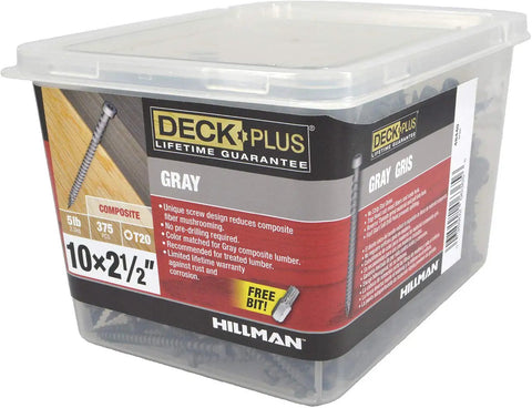 Container of Gray Star-Drive Deck Screws For Outdoor Decking Size Ten By Two And A Half Inch Self-Tapping Tip With Trap Head