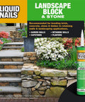 LN-905 Landscape Block Adhesive Low VOC 10 oz cartridge with stone retaining wall and garden backdrop.