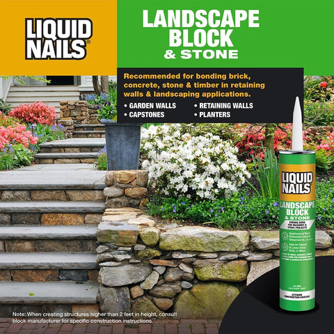 LN-905 Landscape Block Adhesive Low VOC 10 oz cartridge with stone retaining wall and garden backdrop.