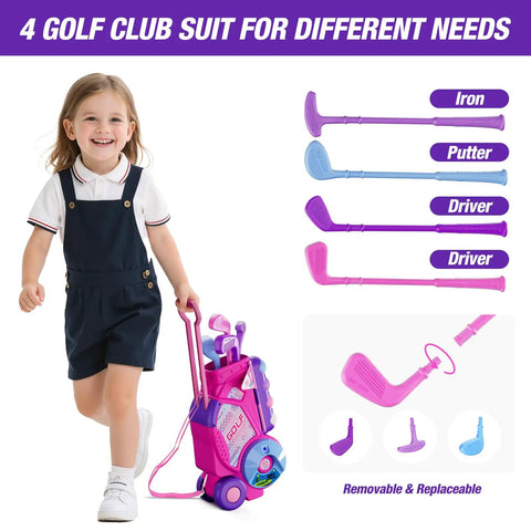 Toddler Golf Set For Kids Ages 2 To 5 With 4 Plastic Clubs, Golf Cart Toy, Pink, Child Posing With Golf Set For Play