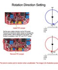 Diagram showing rotation direction settings for a high-torque servo motor with jumper installation and removal instructions.