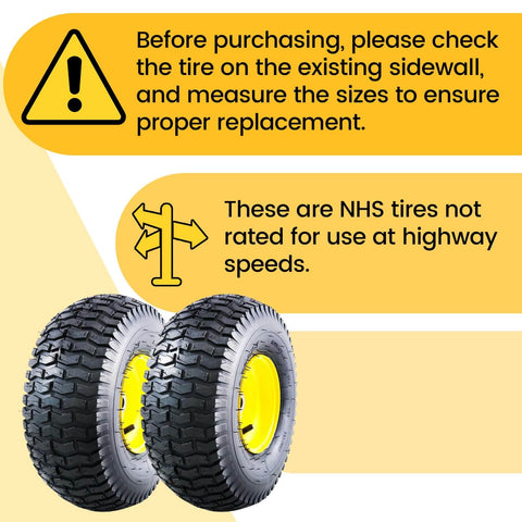 Image of two 15x6.00-6 Tubeless Lawn Mower Tire And Wheel Assembly Front Replacement For John Deere, showing side view with caution signs.