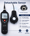 Pro Grade Digital Light Meter Lux Meter With Detachable Sensor 0 To 200000 Lux Range shown with handheld unit and sensor