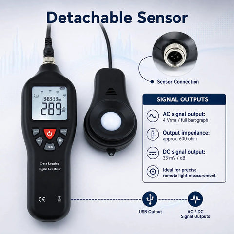 Pro Grade Digital Light Meter Lux Meter With Detachable Sensor 0 To 200000 Lux Range shown with handheld unit and sensor