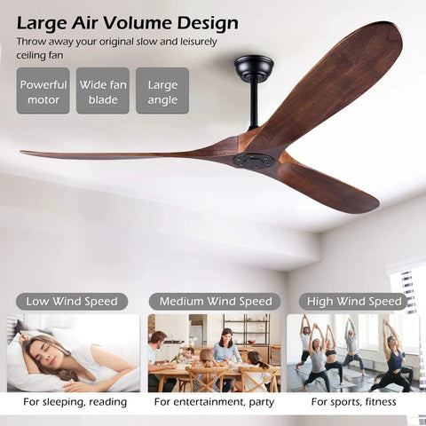 60 Inch No Light Wood Ceiling Fan for Indoor Outdoor Patios and Sloped Ceilings, Silent DC Motor, Walnut Finish in living room