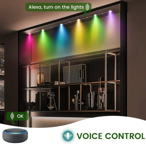 Lit Color Changing Under Cabinet Lights Kit With Remote And App Control Dimmable Puck Lights Music Sync Multicolor 24V for shelves with Alexa command display