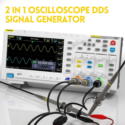 Two Channel 100MHz DDS Oscilloscope And Signal Generator Combo With 1GSa Sampling Rate on a desk with probes connected