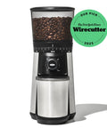 Barista Grade Conical Burr Electric Coffee Grinder with 12 oz Capacity, 15 grind settings, stainless steel, front view, Wirecutter pick