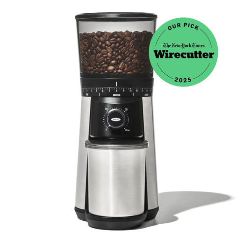 Barista Grade Conical Burr Electric Coffee Grinder with 12 oz Capacity, 15 grind settings, stainless steel, front view, Wirecutter pick