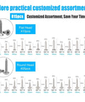 Diagram of 815 Piece Stainless Steel Self Tapping Screw Set with 24 Sizes M3 to M6, showing flat and round head screws.
