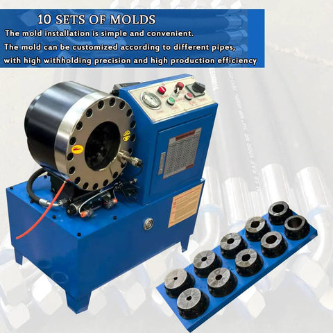 Badass Heavy Duty Electric Hose Crimper And 10 Die Sets 3600 KN Hydraulic Press with 10 molds for custom pipe crimping.