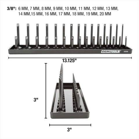 3/8 Inch Metric Socket Organizer With Dual Rail For Deep And Shallow Sockets, Holds 6 mm To 20 Mm, Labeled Posts
