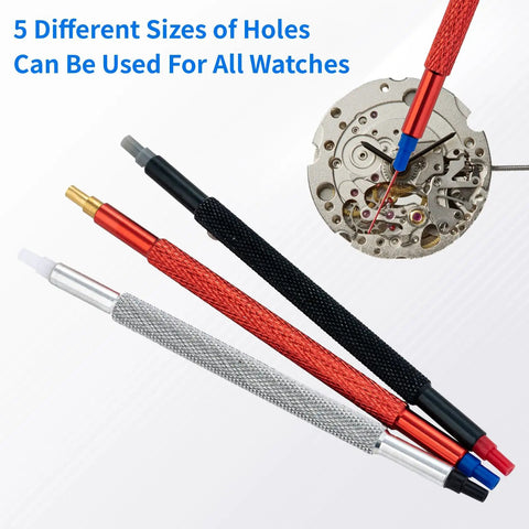 Watch Hands Repair Tool Kit With 5 Precision Hole Pusher Tools for precise watch hand alignment and removal on various wristwatches.
