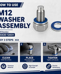 Heavy Duty Aluminum Oil Drain Plug Gasket Washer M12 Crush Washer For Toyota 10 Piece Set Durable High Temp Sealing Kit For No Leak Performance And Everyday Car Care. M12 washer assembly with OEM 90430-12031 and 3-step installation.