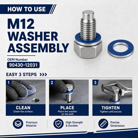 Heavy Duty Aluminum Oil Drain Plug Gasket Washer M12 Crush Washer For Toyota 10 Piece Set Durable High Temp Sealing Kit For No Leak Performance And Everyday Car Care. M12 washer assembly with OEM 90430-12031 and 3-step installation.