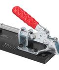 Top Shelf Heavy Duty Aluminum Pocket Hole Jig Kit With Rock Solid Frame For Precision Woodworking Drilling angle showing clamp mechanism.