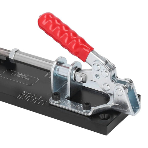 Top Shelf Heavy Duty Aluminum Pocket Hole Jig Kit With Rock Solid Frame For Precision Woodworking Drilling angle showing clamp mechanism.