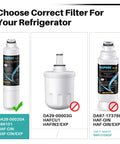 Refrigerator water filter options for Samsung and Kenmore, highlighting DA29-00020A and DA97-17376B models on packaging.