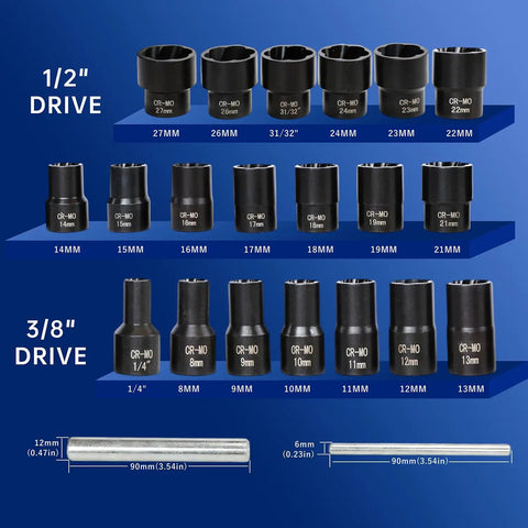 Bolt Nut Extractor Set Heavy Duty Metric Eight To Twenty Seven Millimeter With Impact Lug Removal Tool For Easy Pull Of Damaged Stripped Frozen Nuts Screws Wheel Lock Removal Kit One Half Inch And Three Eighth Inch Drive Twist Socket Set