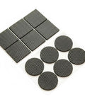 Variety of self adhesive black polyester furniture leg pads for hardwood floors protection, shown in square and round shapes.
