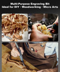 Close-up of woodworking projects using a drill for engraving and carving, highlighting detailed designs and tools in use.