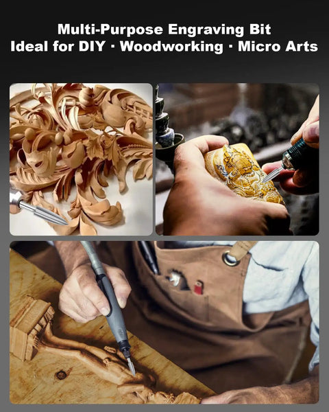 Close-up of woodworking projects using a drill for engraving and carving, highlighting detailed designs and tools in use.