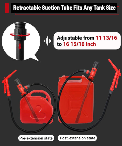Upgraded 2025 Fuel Transfer Pump With Leak Proof USB Charging And AA Battery Backup next to red gas cans