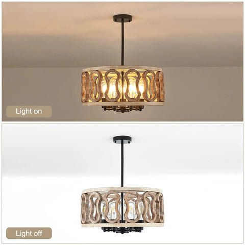 23-Inch 7-Light Rustic Wood Drum Chandelier With Metal Accents, light on and off, vintage farmhouse pendant light fixture