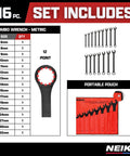 Jumbo Metric Combination Wrench Set, 16 Piece From 6 mm To 32 Mm with tool bag and size chart