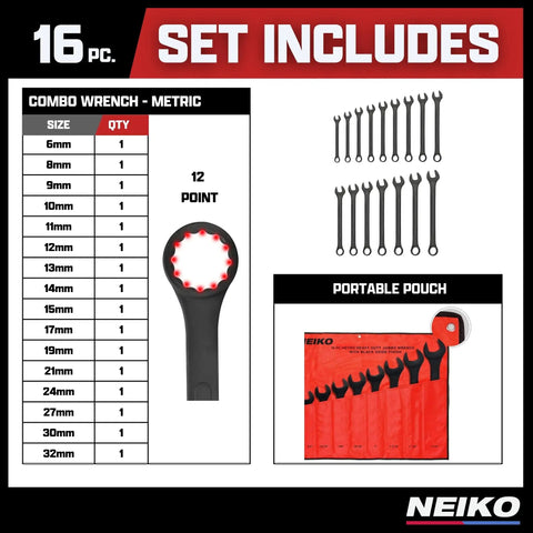 Jumbo Metric Combination Wrench Set, 16 Piece From 6 mm To 32 Mm with tool bag and size chart