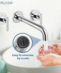 Wall Mounted Widespread Bathroom Sink Faucet With 2 Levers And A 360 Swivel Spout 3 Holes Chrome Finish Solid Brass Construction Brass Rough In Valve Smooth 1.2 GPM Flow Easy Install Vanity Lavatory Mixer Tap over hands washing