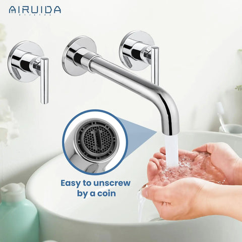 Wall Mounted Widespread Bathroom Sink Faucet With 2 Levers And A 360 Swivel Spout 3 Holes Chrome Finish Solid Brass Construction Brass Rough In Valve Smooth 1.2 GPM Flow Easy Install Vanity Lavatory Mixer Tap over hands washing