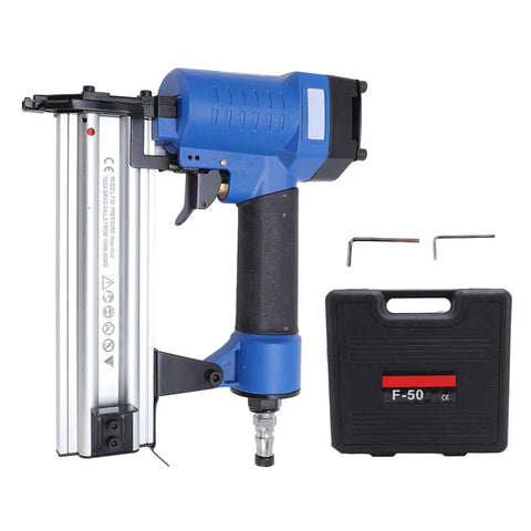 Rock Solid 18 Gauge Pneumatic Brad Nailer Built With Rugged Aluminum Alloy Construction, blue design and carrying case for woodworking.