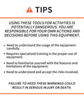 Safety warning tips for Adjustable Thickness Climbing Harness With Wide Half Body Design For Rock Climbing Rappelling Fire Rescue And Tree Work CE EN3531 Certified Heavy Duty Workhorse Polyester Gear With Max Load 230kg And Breaking Strength 22kN In Red. Highlights potential dangers and training needs before use.