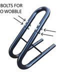 No Wobble 4 Bolt Heavy Duty Wheel Chock Kit For Motorcycles And Dirt Bikes 5.5 Inch Wide Powder Coated Steel 1 Inch Tube Construction Durable Easy To Use 2 Pack, front view showing 4-bolt design and black powder coating.