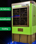 Heavy Duty Portable Swamp Cooler Featuring 8830 CFM Airflow And 10.6 Gallon Tank For Garage Cooling And Humidifying with air delivery, humidity and cooling features.