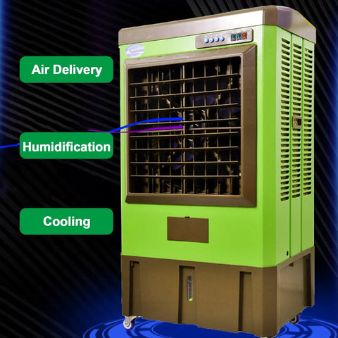 Heavy Duty Portable Swamp Cooler Featuring 8830 CFM Airflow And 10.6 Gallon Tank For Garage Cooling And Humidifying with air delivery, humidity and cooling features.