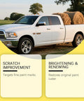 Pro Grade Scratch Eraser Paste That Buffs Out Gnarly Dings And Road Rash Fast While Sealing In A Hella Slick Hydrophobic Shield And Badass Mirror Finish For Everyday Rigs on a white truck with hay bales.