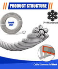 Stainless Steel Cable 5/16 Inch 25 Foot With Loops 7x19 Strand Beefy Heavy Duty Wire Rope Kit for zipline, boat lifts, and fences.