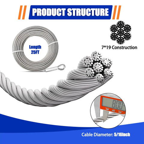 Stainless Steel Cable 5/16 Inch 25 Foot With Loops 7x19 Strand Beefy Heavy Duty Wire Rope Kit for zipline, boat lifts, and fences.