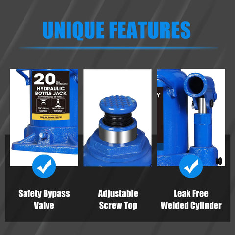 Beefy 20 Ton Bottle Jack Heavy Duty Hydraulic Car Jack For Auto, Truck And Home Lift, Adjustable 7.56 To 14.05 Inch Height, Leak Free Design, Sturdy Steel Build, 25.35 Lbs, Blue
