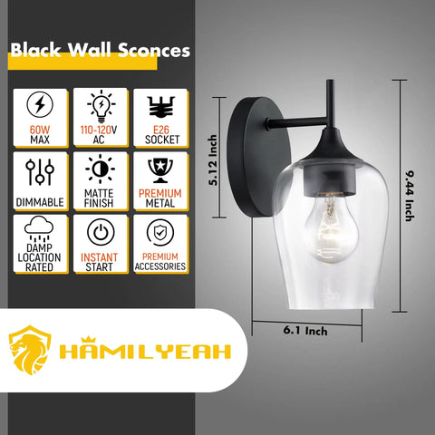 Two Pack Farmhouse Wall Sconces Hardwired Indoor Wall Lamps With Clear Champagne Glass Shades For Bathroom Vanity And Hallway Damp Location Rated showing side view with dimensions.