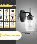 Single black wall sconce with clear glass shade and metal finish shown with dimensions and features listed on side panel.