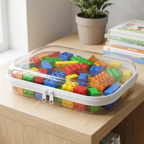 Hella Durable Clear Hard Shell Zipper Cases 6 Pack Water Resistant Storage Pouches For Travel Toiletries Diaper Bag Slick See Through Accessory Holders Keep Your Gear Locked Tight Road Ready with colorful building blocks inside.